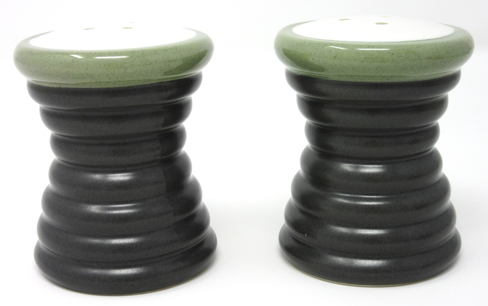 Pfaltzgraff Sphere Salt & Pepper Shaker Set charcoal grey w/ olive green & white