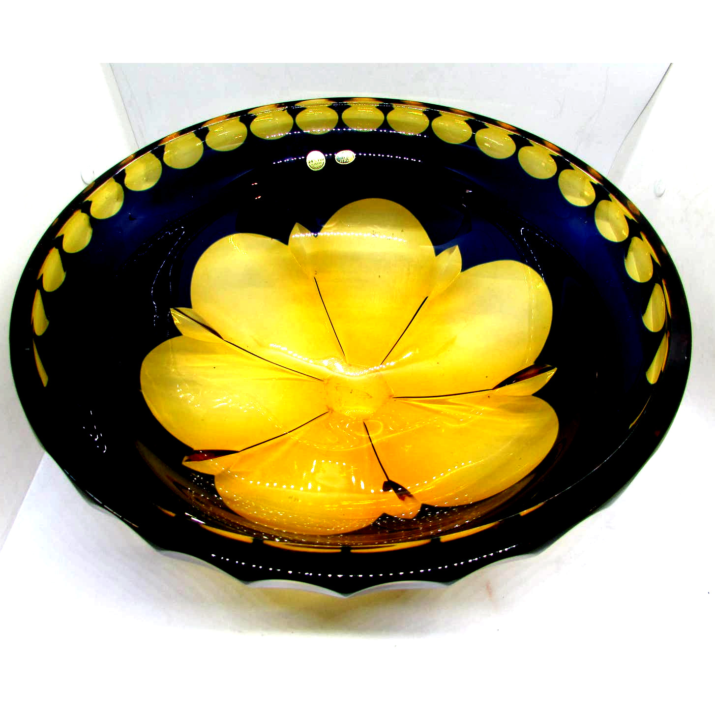 Cristallo Al Piombo 24% pbo Large Art Glass Bowl Italy Cobalt Blue Yellow Flower