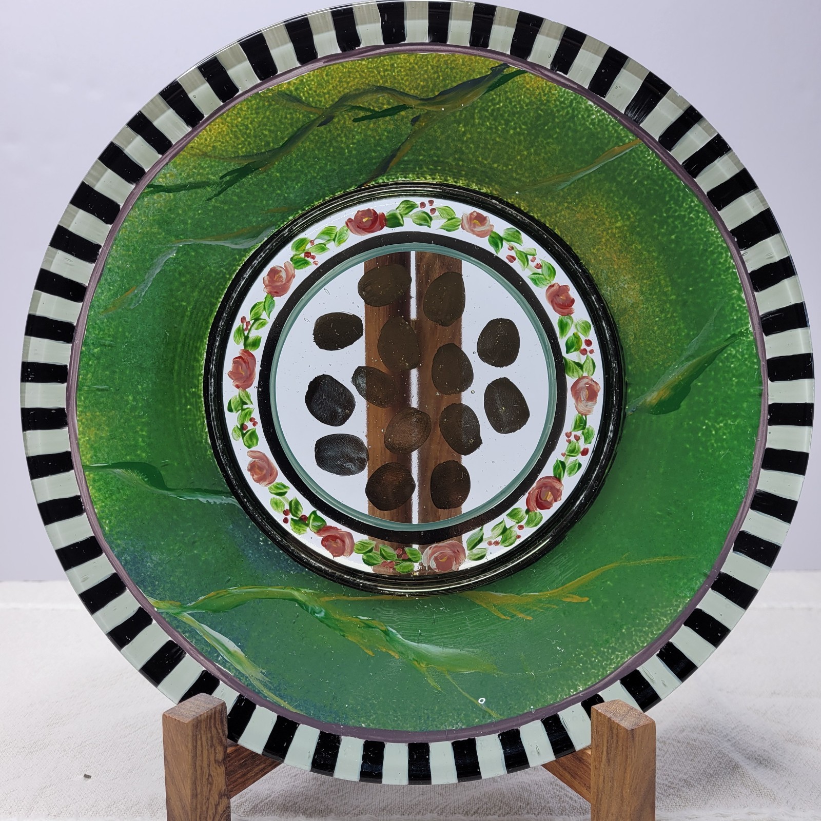 Early MacKenzie-Childs Plate Hand Painted Glass Soup Pasta 9.25″ Rose Garland