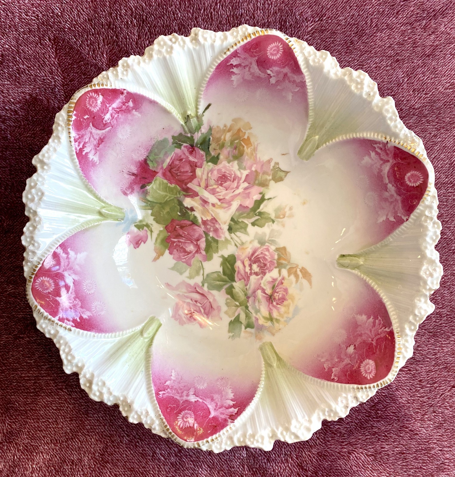 Antique RS Prussia Porcelain Serving & Berry Bowls Floral Pink Roses 7 PC Set