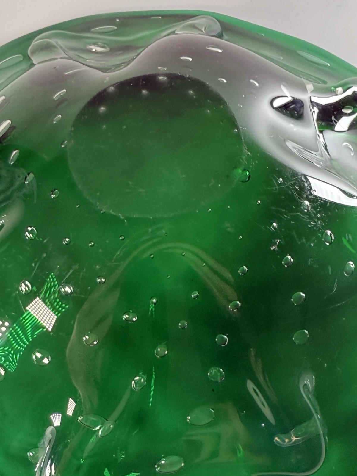 Hand Blown Controlled Bubble Dark Green Thick Glass Decor Bowl