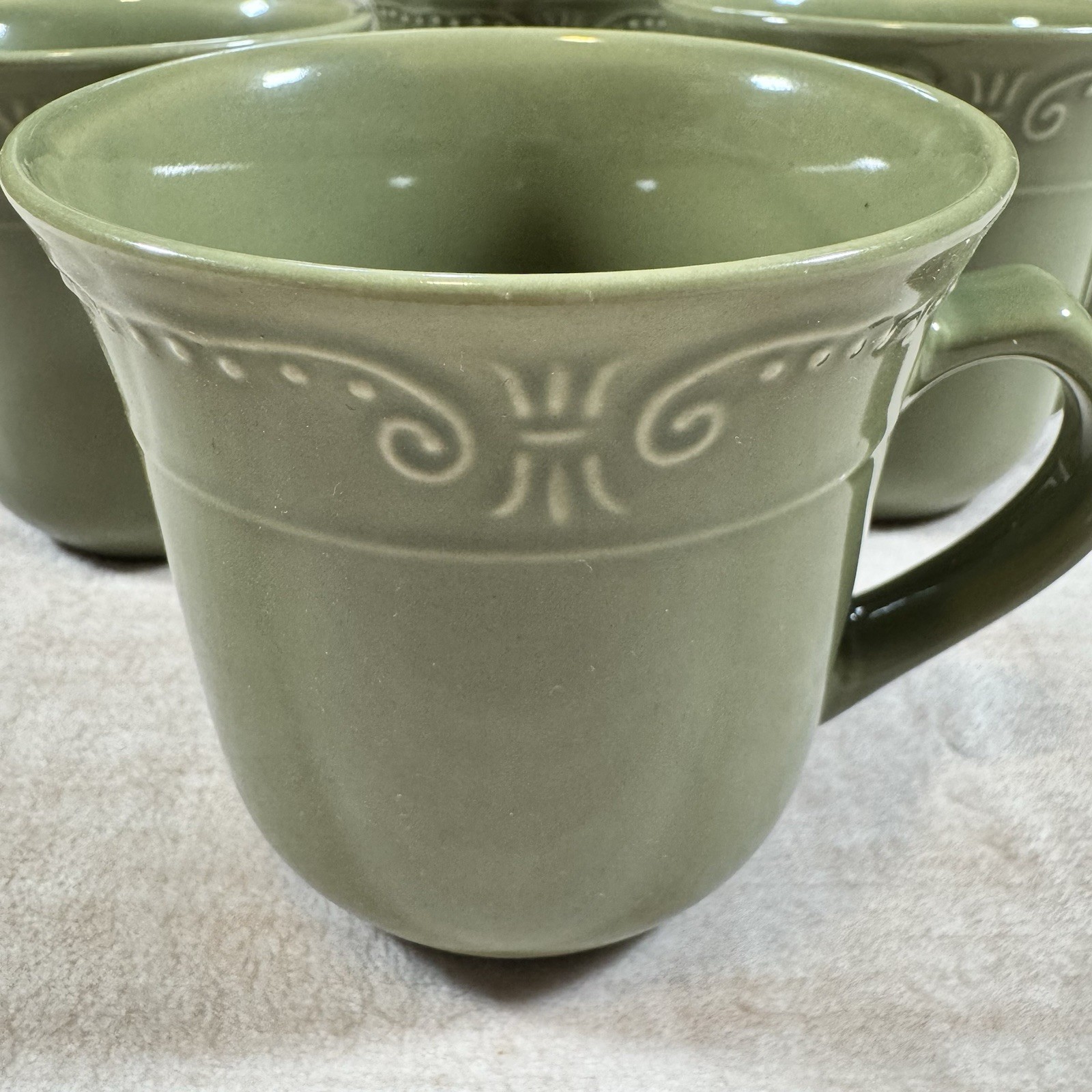 Isabella By Kennex Sage Green Stoneware Coffee Mugs Set of 6 Embossed Retired