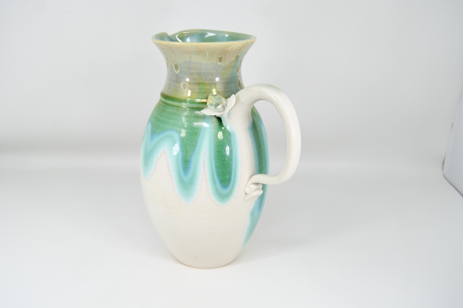 VTG Studio Art Pottery Pitcher Applied Flower Drip Flow Crystalline Glaze Signed