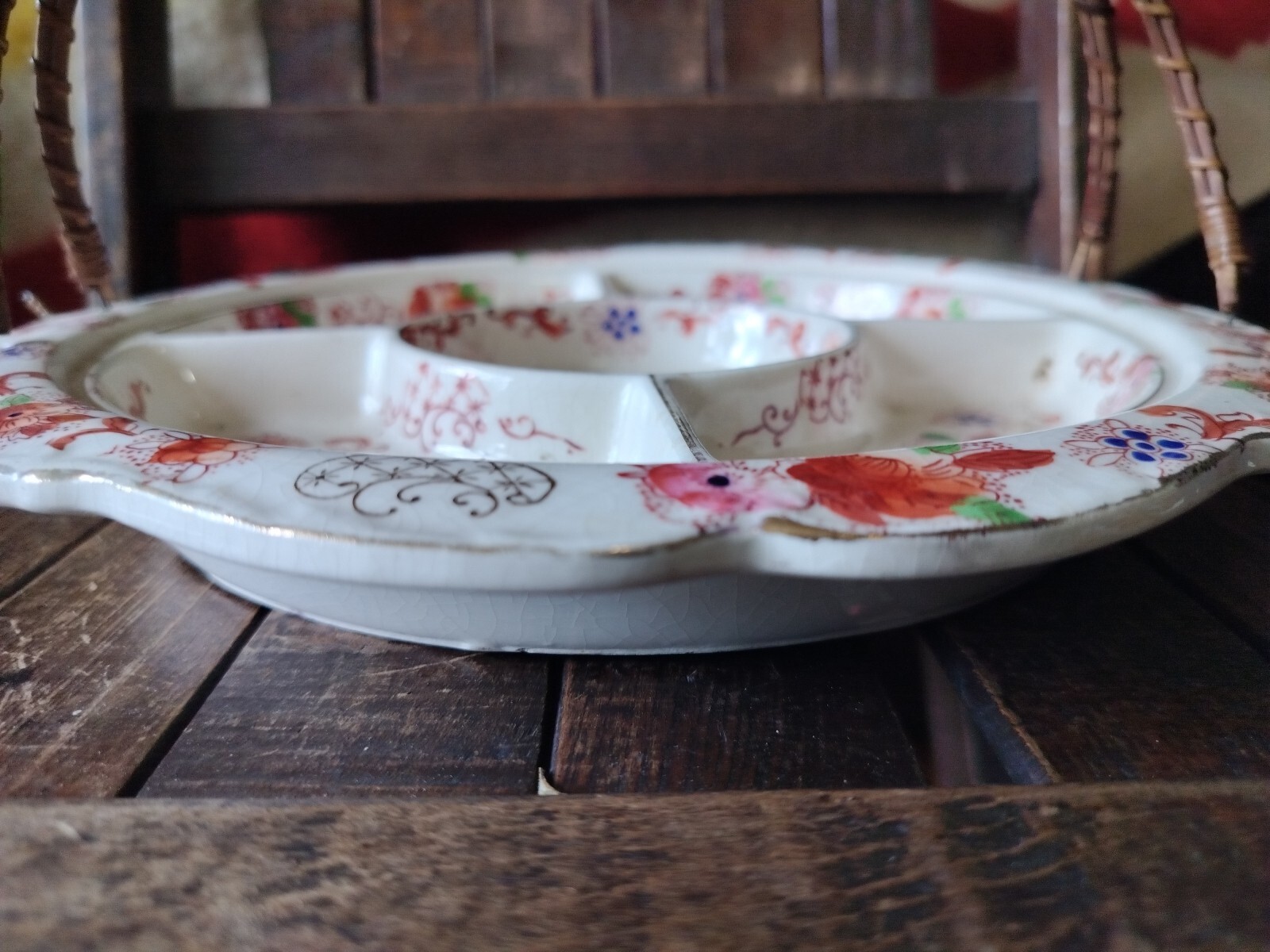 Antique Divided Serving Dish Floral Round Tray Wicker Handle Imari Japan 1940’s