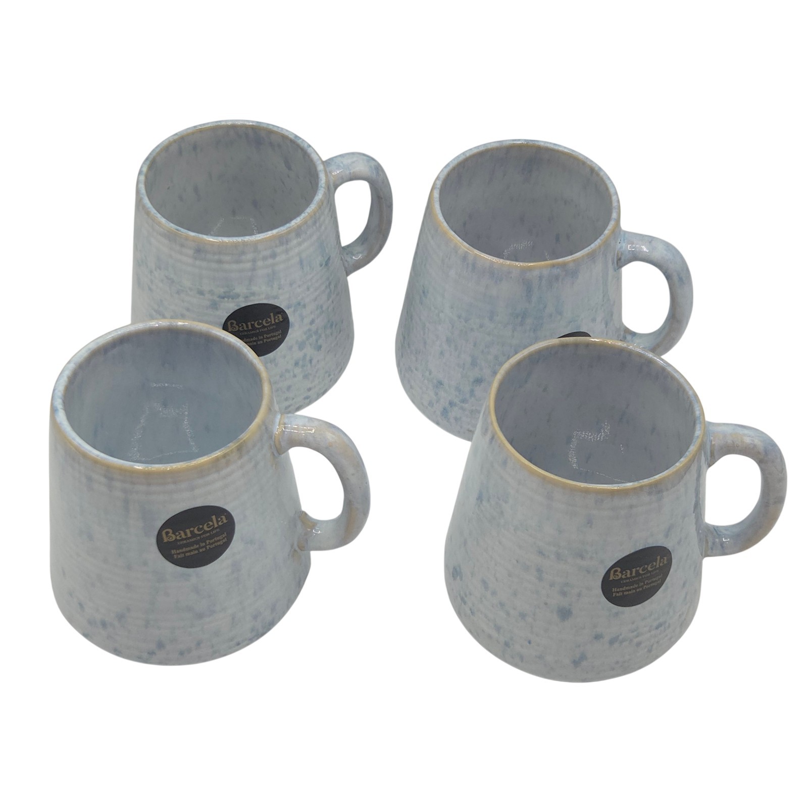 Barcela Handmade Stoneware Mug Set 4 White Blue Reactive Speckled Glaze Portugal