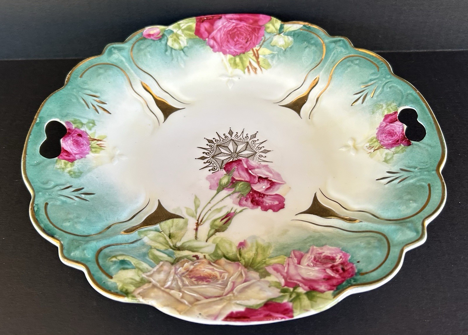 Antique PS Germany Porcelain Bowl 10 1/2″ Teal Blue With Pink Roses