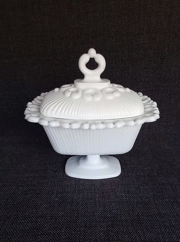 Westmoreland DORIC Ribbed Open Lace Milk Glass Pedestal Compote Bowl with Lid
