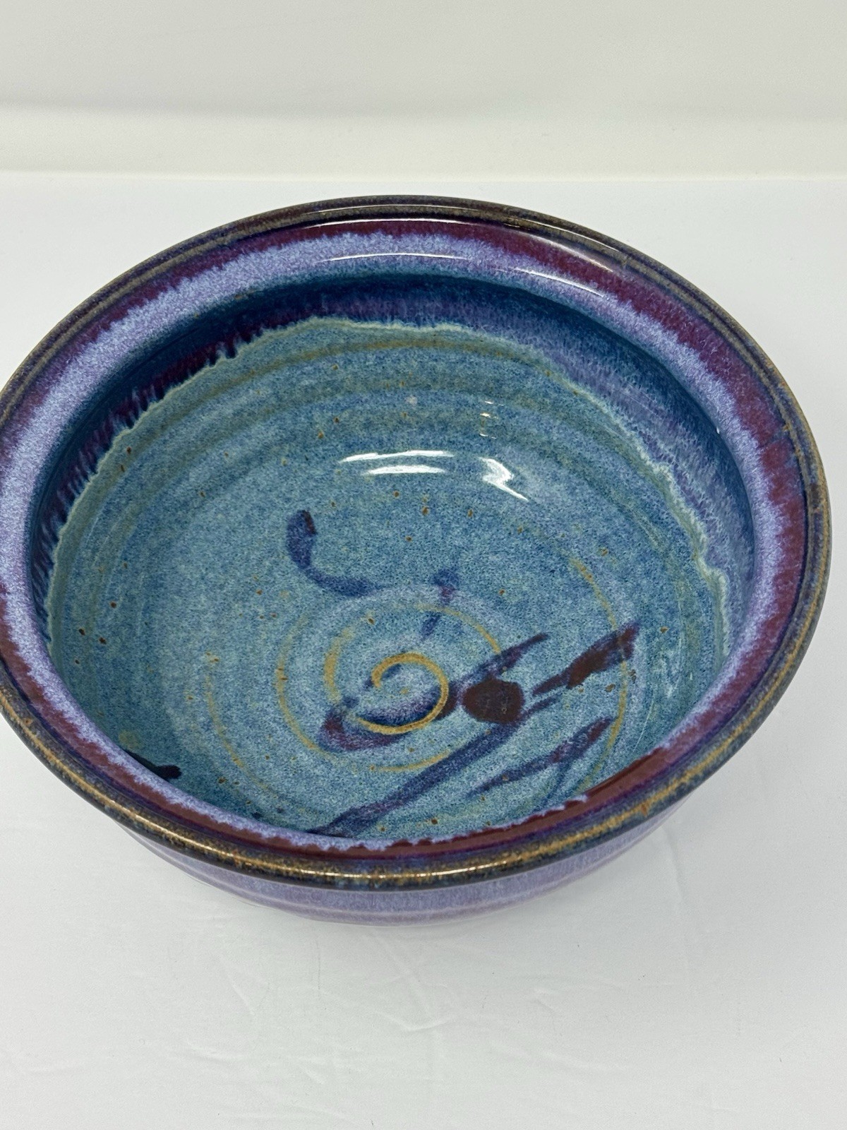 Vintage Studio Pottery Bowl Blue Purple Drip Glaze Handmade Ceramic Signed 7.75”
