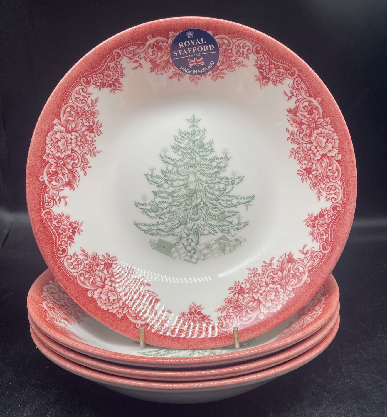4pc Royal Stafford GREEN CHRISTMAS TREE Porcelain 7 7/8″ Coupe Soup Bowls NEW