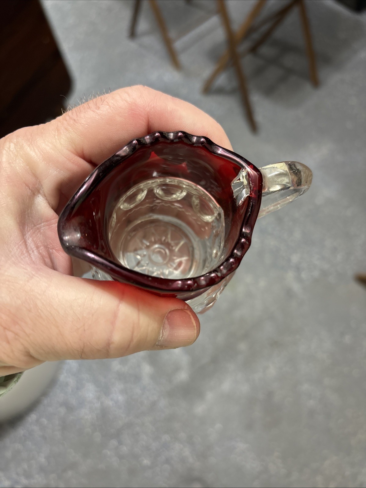 King’s Crown Thumbprint Ruby Creamer Glass Saw Tooth Style 3 Inches Tall