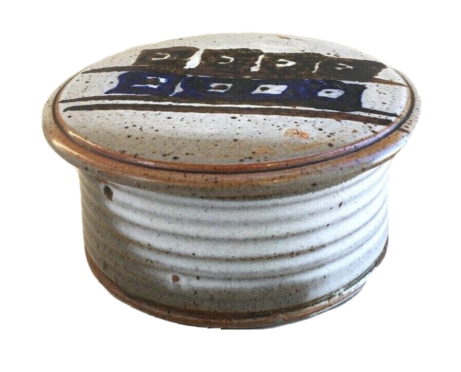 Vintage Hand Decorated Gray, Blue & Brown Covered Dish with Lid, Signed “K”