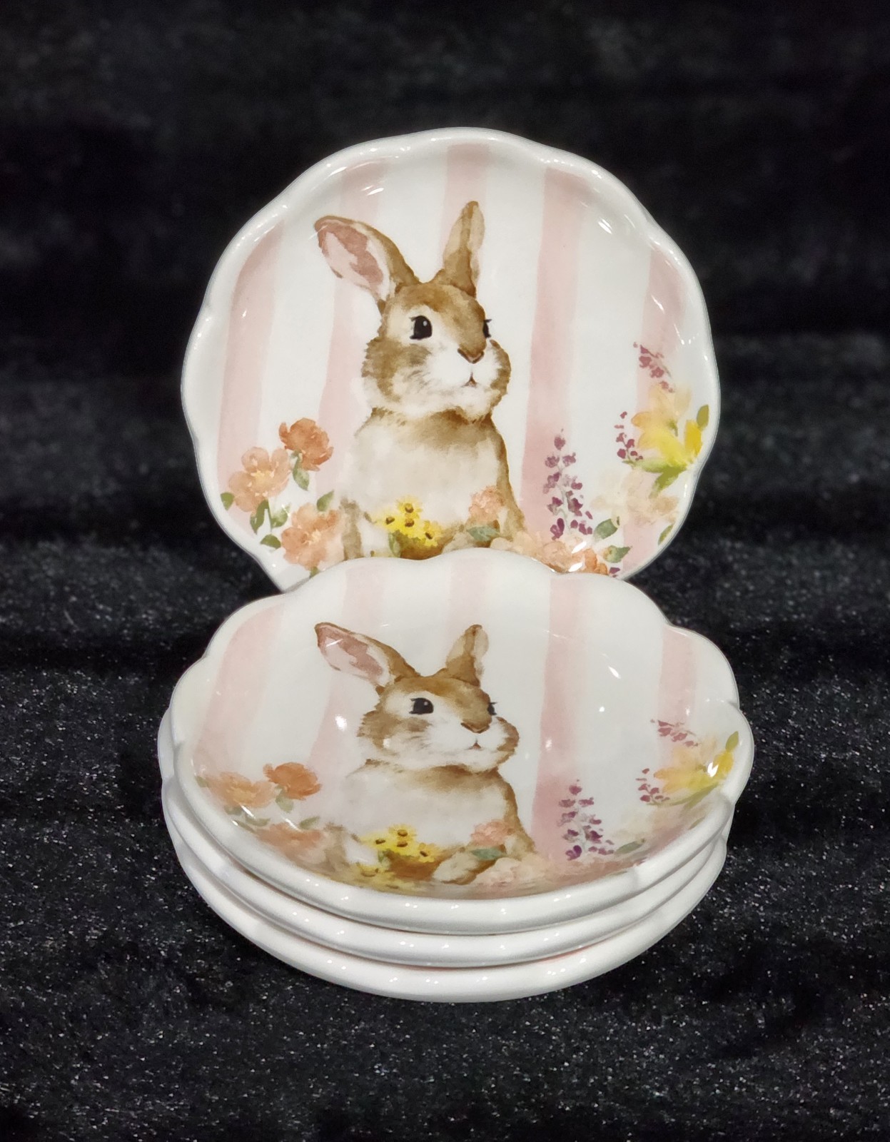 4 Pink White Floral Bunny Striped Tidbit Plates 4.4″ Ceramic Easter Watercolor