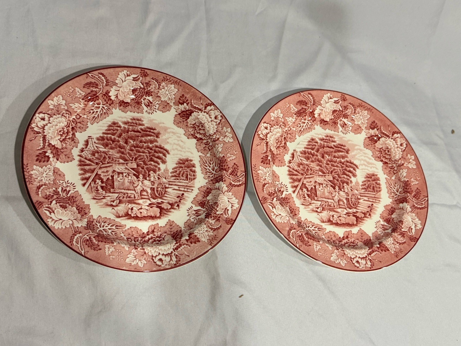 2 Vintage Woods & Sons English Scenery Red Transferware Oval Serving Plates