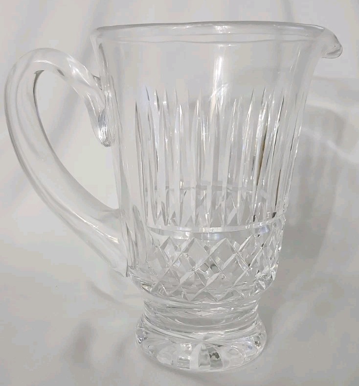 Vtg Waterford Pitcher Cut Crystal Diamond Pattern Applied Handle 7.5″ Tall Read