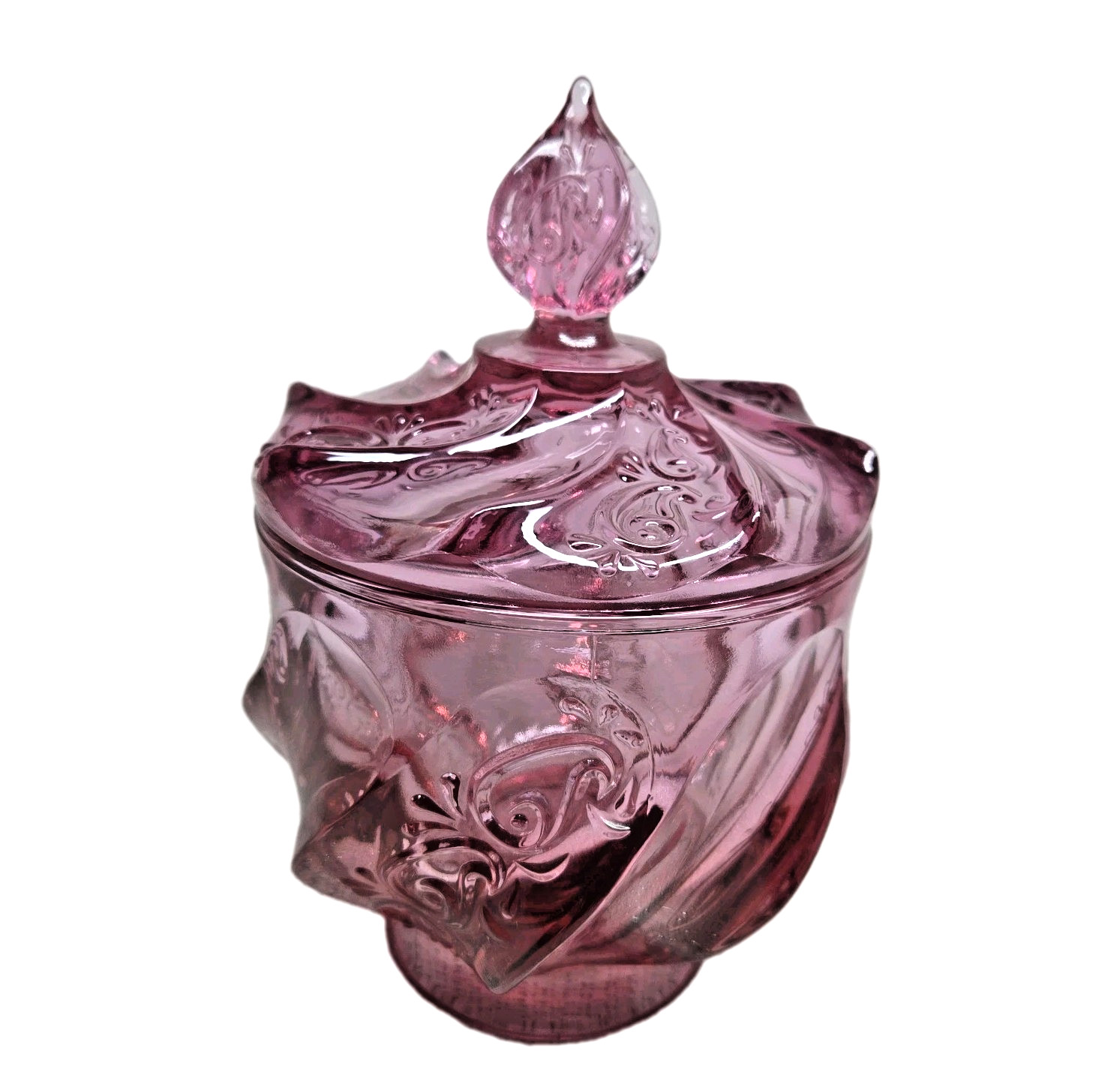Vintage Fenton Pink Dusty Rose Paisley Swirl Candy Dish w/Lid & Sticker EUC 7.5″