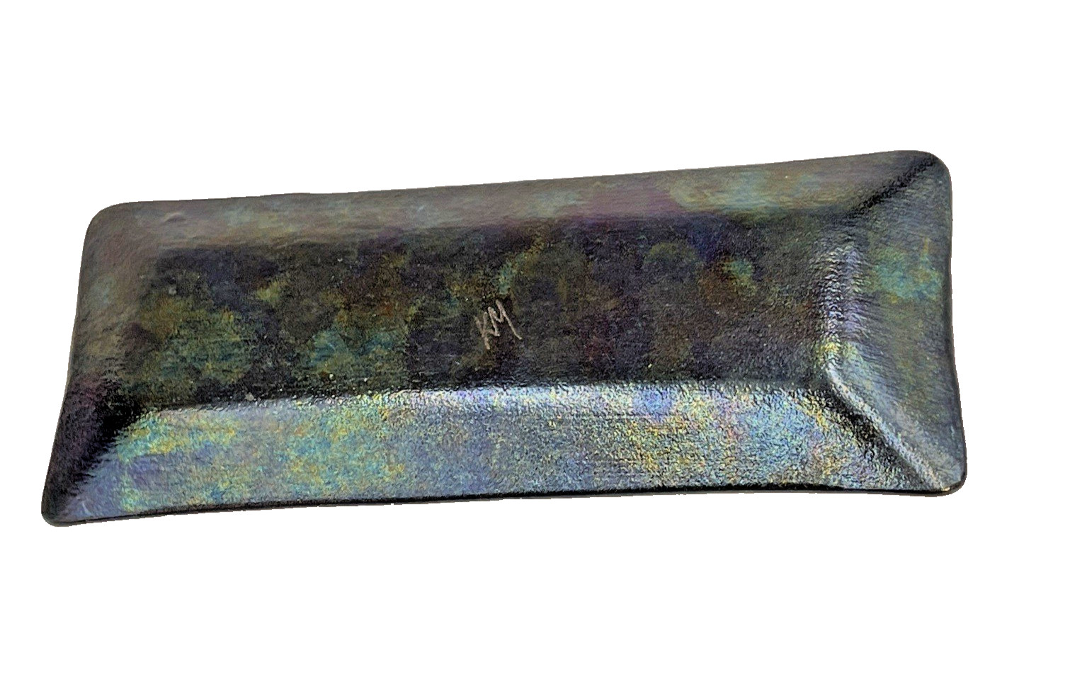 Kurt McVay Art Glass Fused Iridescent Tray / Trinket Dish Signed KM 7.9” x 3.25″
