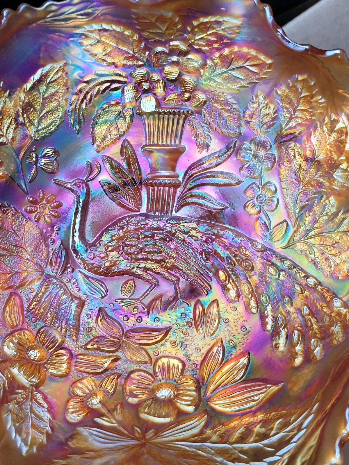 Pretty Dark Marigold Fenton Carnival Glass Peacock & Urn Pattern Bowl