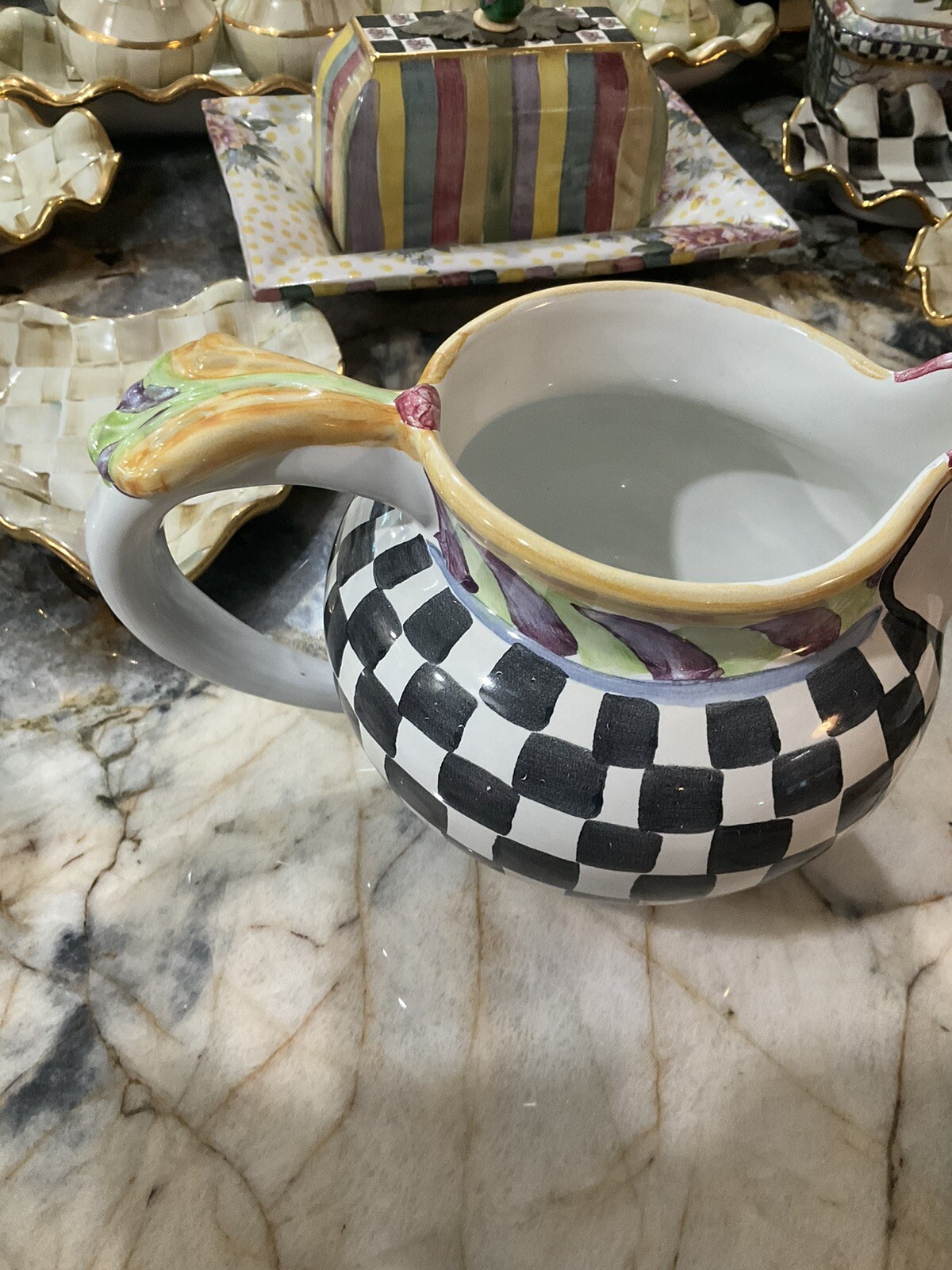 MacKenzie-Childs Piccadilly Chicken Ceramic Pitcher With Courtly Check