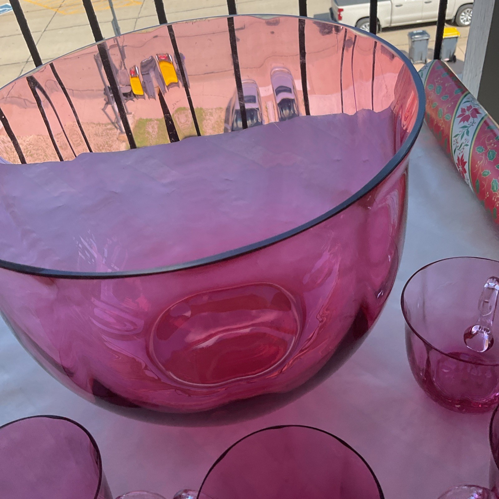 Antique Cranberry Pink Glass Punch Bowl Set w/ 10 Handled Cups Pilgrim Optic