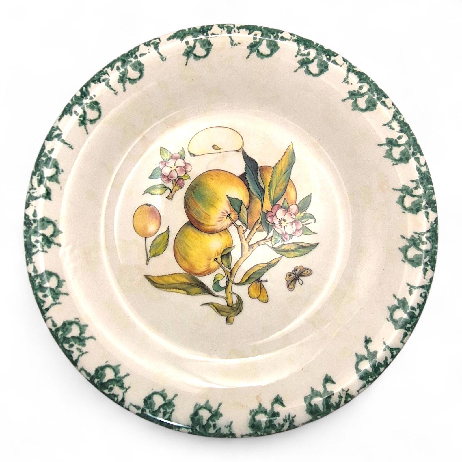 Vintage Himark Italy Fruit Plate 10″ Green Sponge Border Apple Blossom