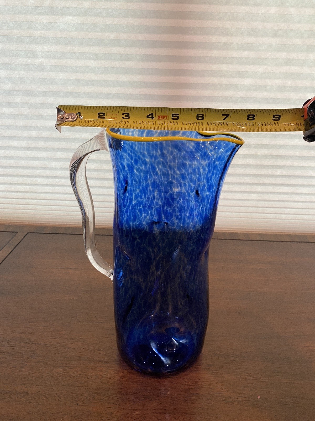 GEORGEOUS LARGE 2019 Cobalt Blue & Yellow Art Glass Pitcher 11.5″H Signed