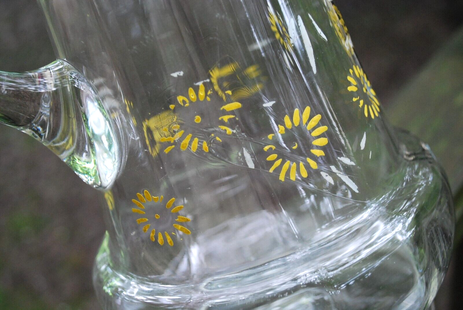 Antique Victorian PITCHER Clear Optic Glass FLORAL ENAMELED DAISIES Petal Rim
