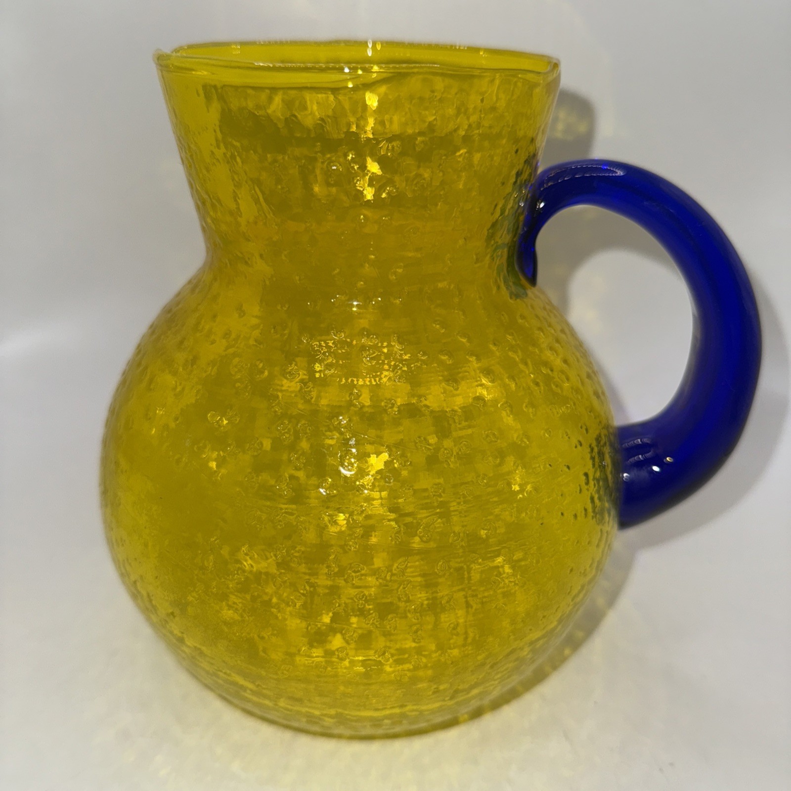 Lemon Yellow Glass Juice Pitcher w/Cobalt Blue Handle Bubble Texture 7”Hx 6”W
