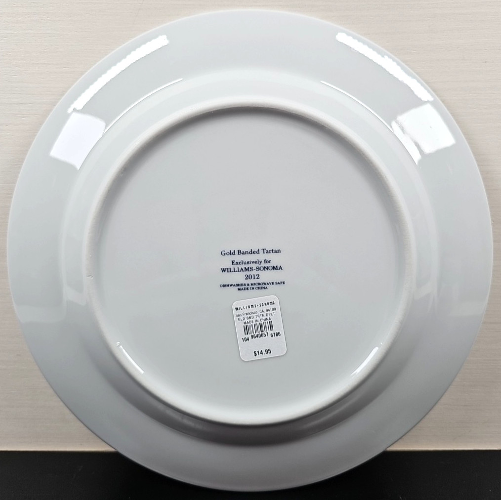 4) Williams Sonoma Gold Banded Tartan Dinner Plates Set Plaid Serving Dishes Lot