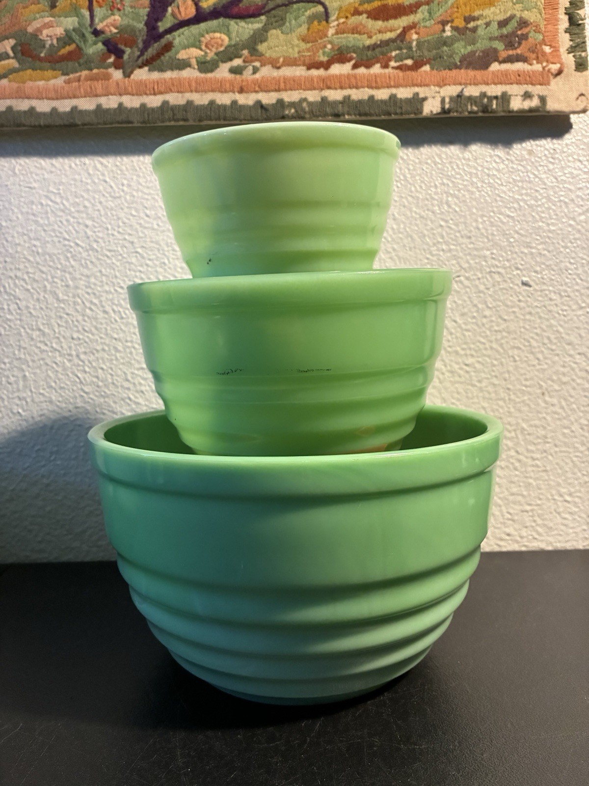 Jeannette Glass Concentric Circle Mixing Bowl Set Jadeite Green 5 7 & 9” Uranium