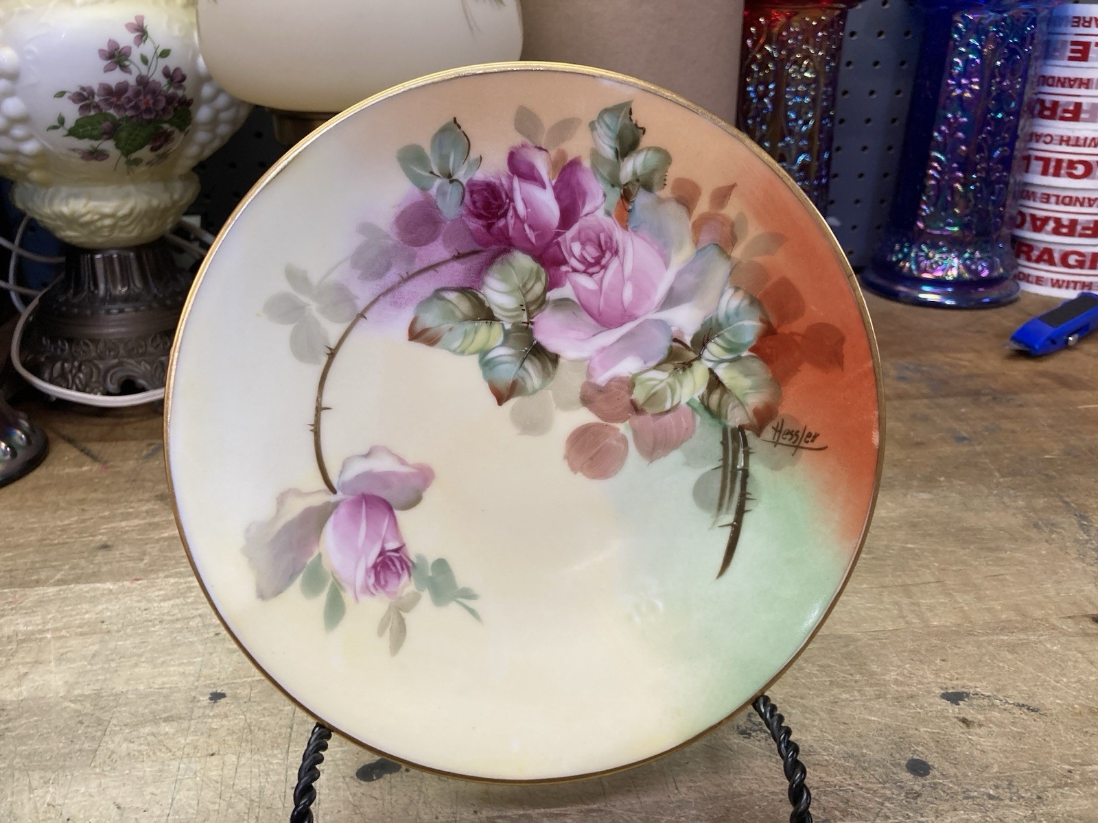 Antique Hand Painted J P Limoges / Pickard China Plate / Roses / Hessler