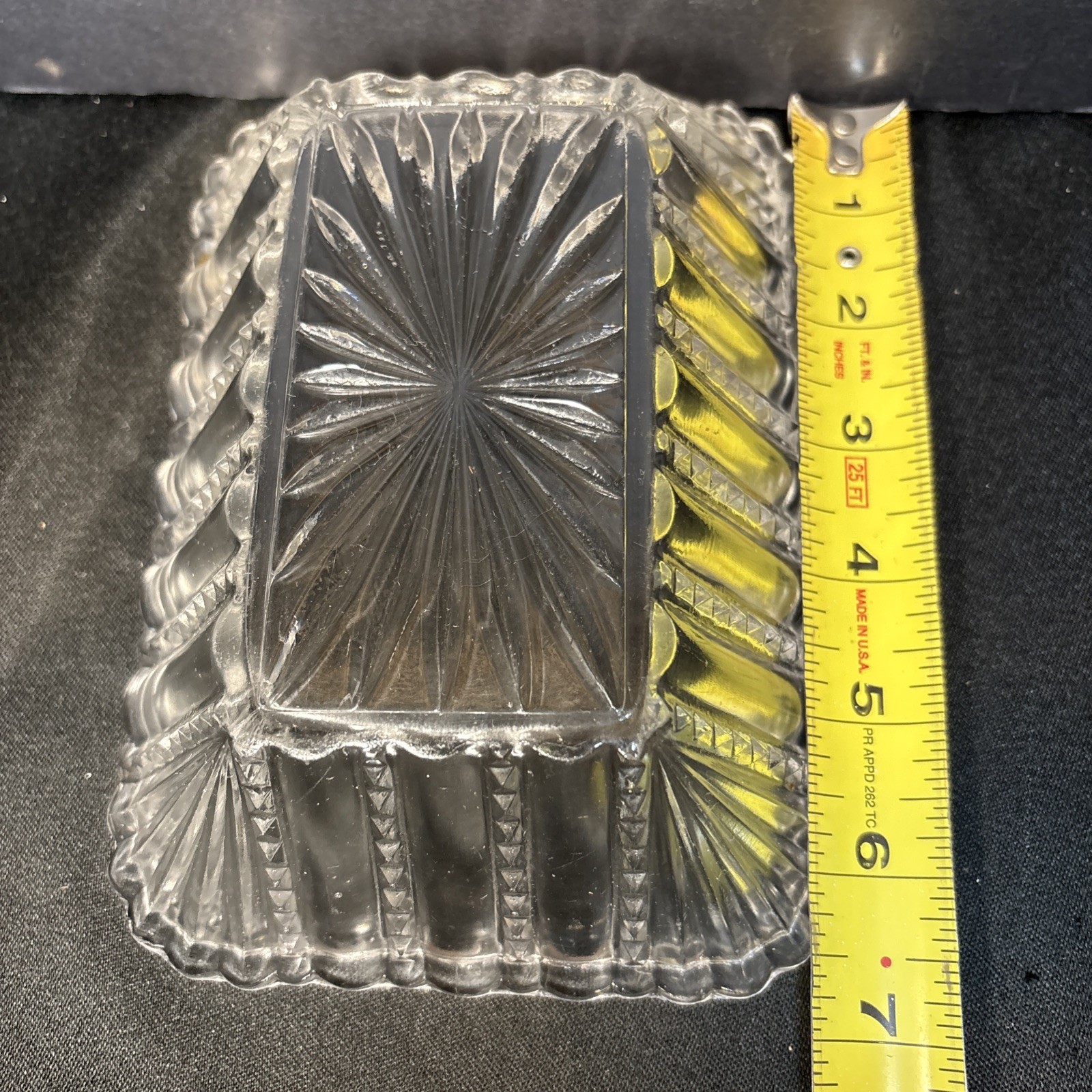 Antique Early 1900’S Pressed Glass Candy Dish Sunburst Clear 7”X5”Rectangular
