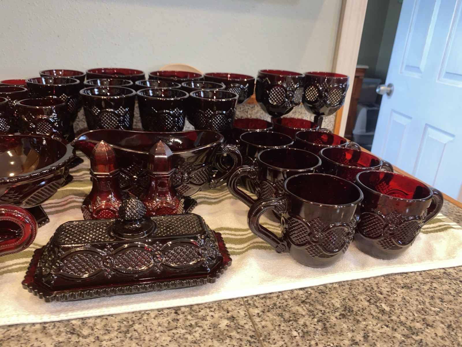 Dark Red Pressed Glass Dinnerware Set Plates Goblets Mugs Bowls Butter Dish