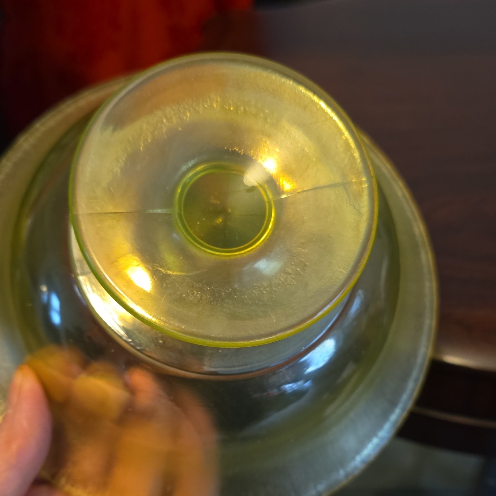 Unmarked Green Stretch Vaseline/Uranium-Style Glass Pedestal Bowl Round Compote