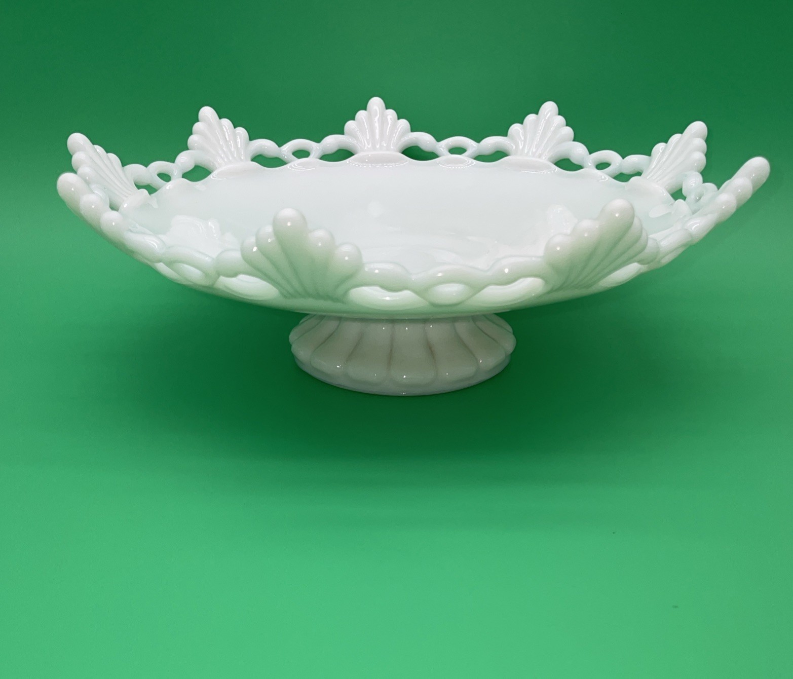 Milk Glass Pedestal Bowl 10” Lace Edge Pedestal Trim Vintage 3” Tall Fruit Dish