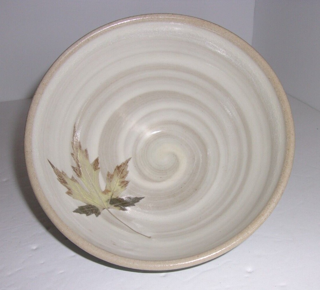 Signed Art Pottery Bowl Blue Gray Drip Glaze Tan Swirl & Leaf Inside