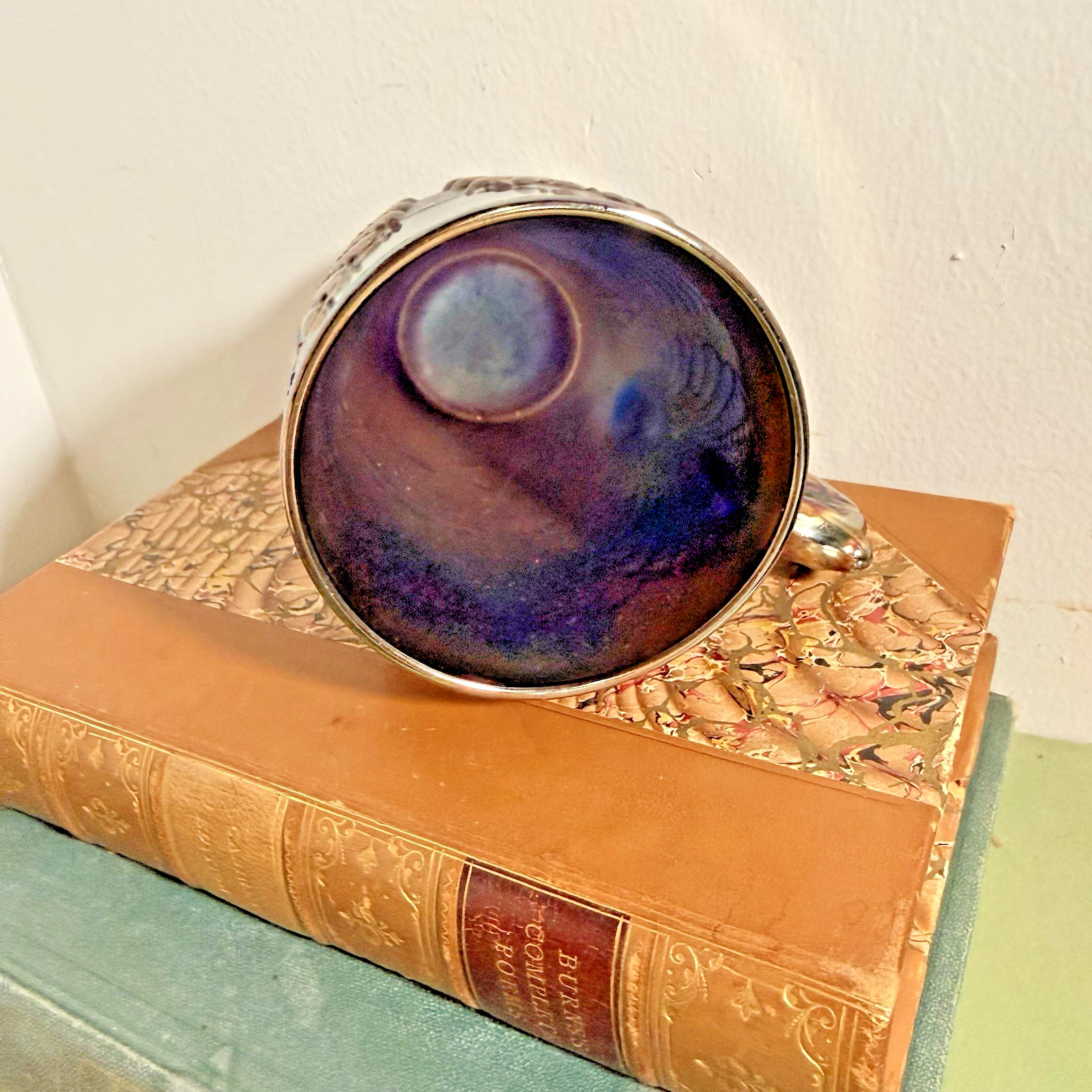 Antique Dugan Beaded Shell Cobalt Blue Carnival Glass Mug Peacock Iridescent