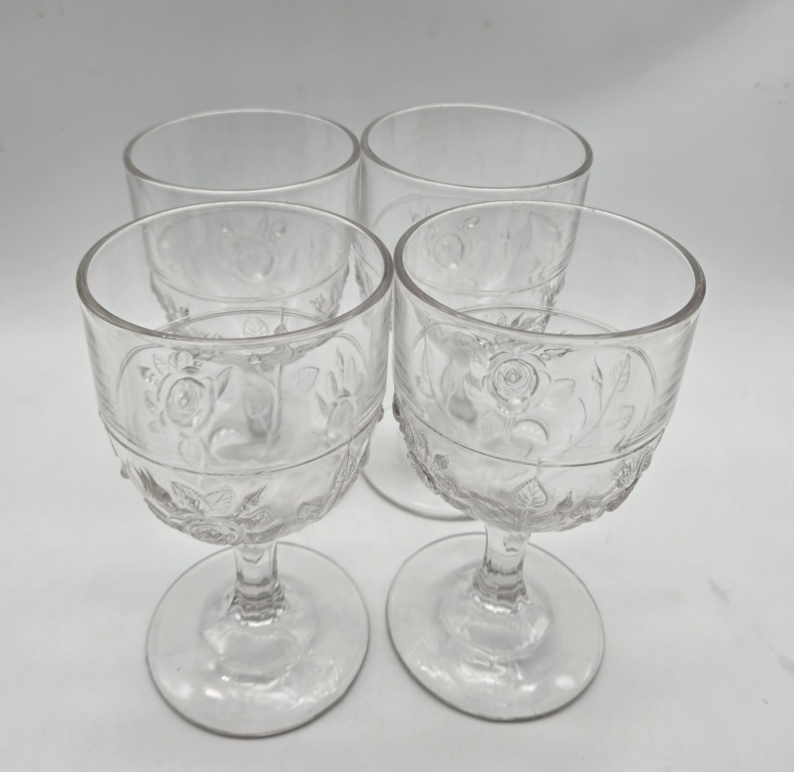 1870s Open Rose AKA Moss by Unknown Clear Glass Goblet Vtg Antique Set Of 4