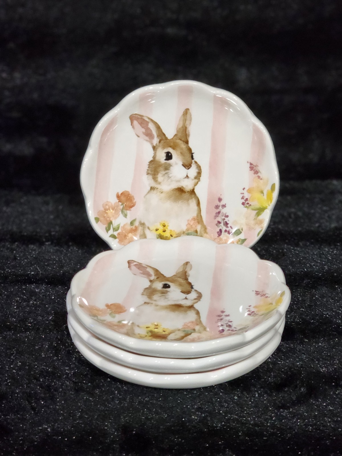 4 Pink White Floral Bunny Striped Tidbit Plates 4.4″ Ceramic Easter Watercolor