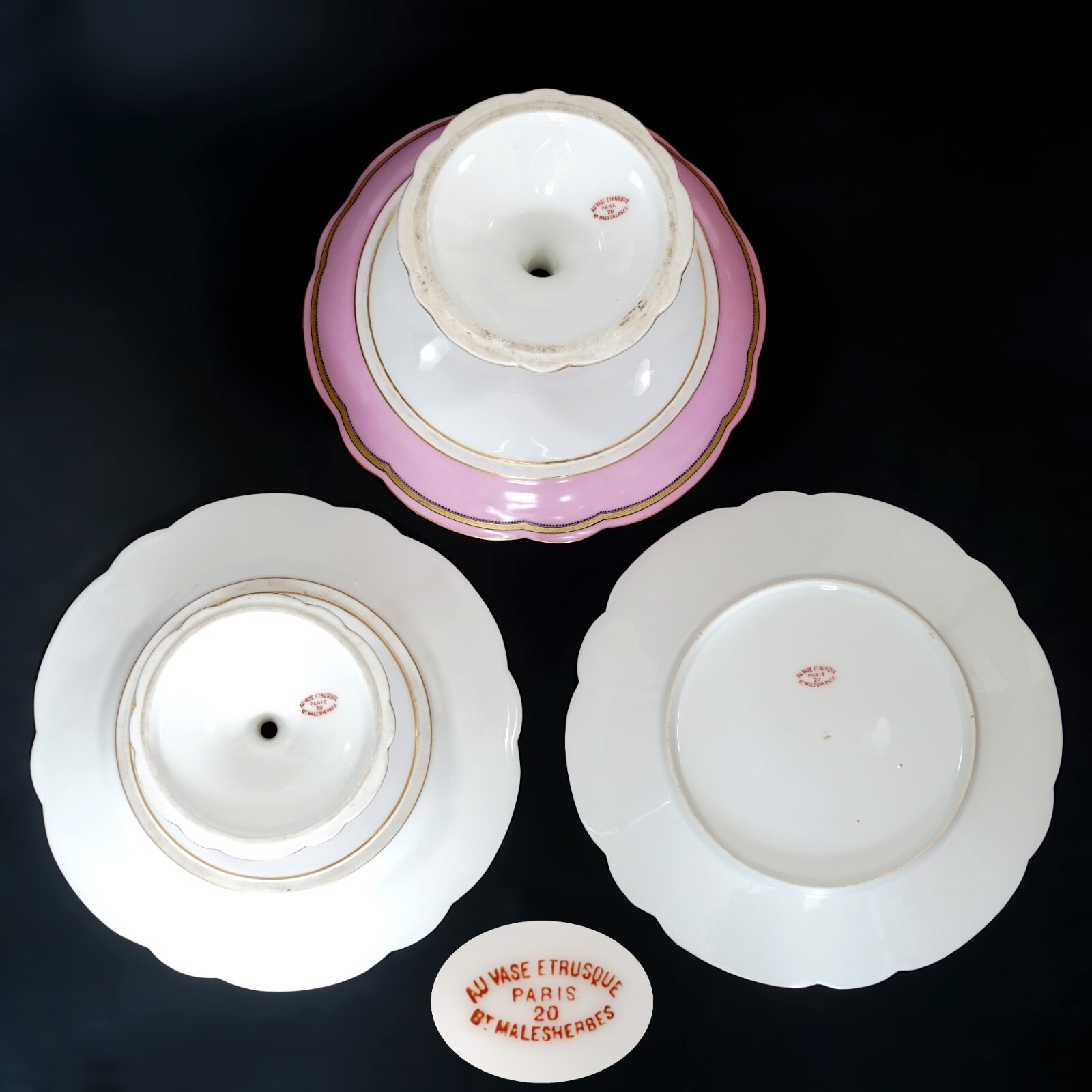 Antique French Old Paris Porcelain Pompadour Pink Dessert Service Plates Set