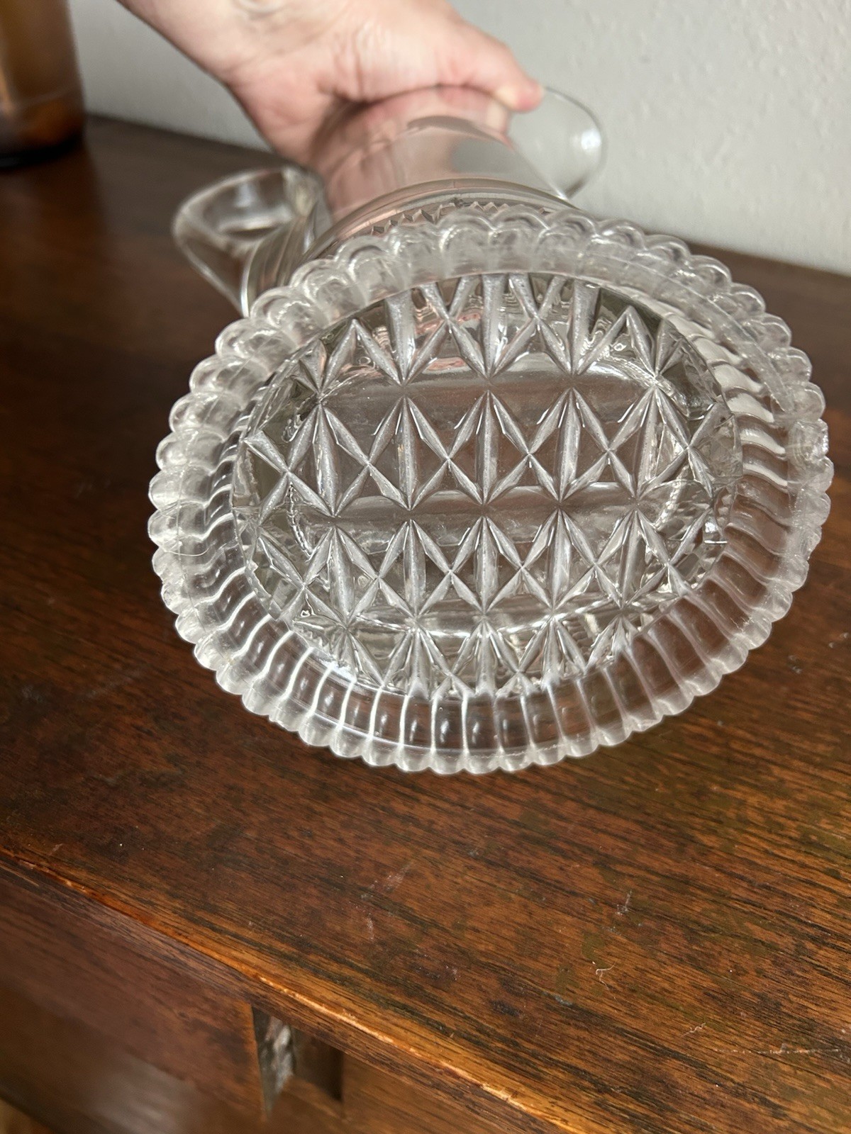 Ring and Block Etched Gray Cut Antique Glass Pitcher Elegant Fine Dining