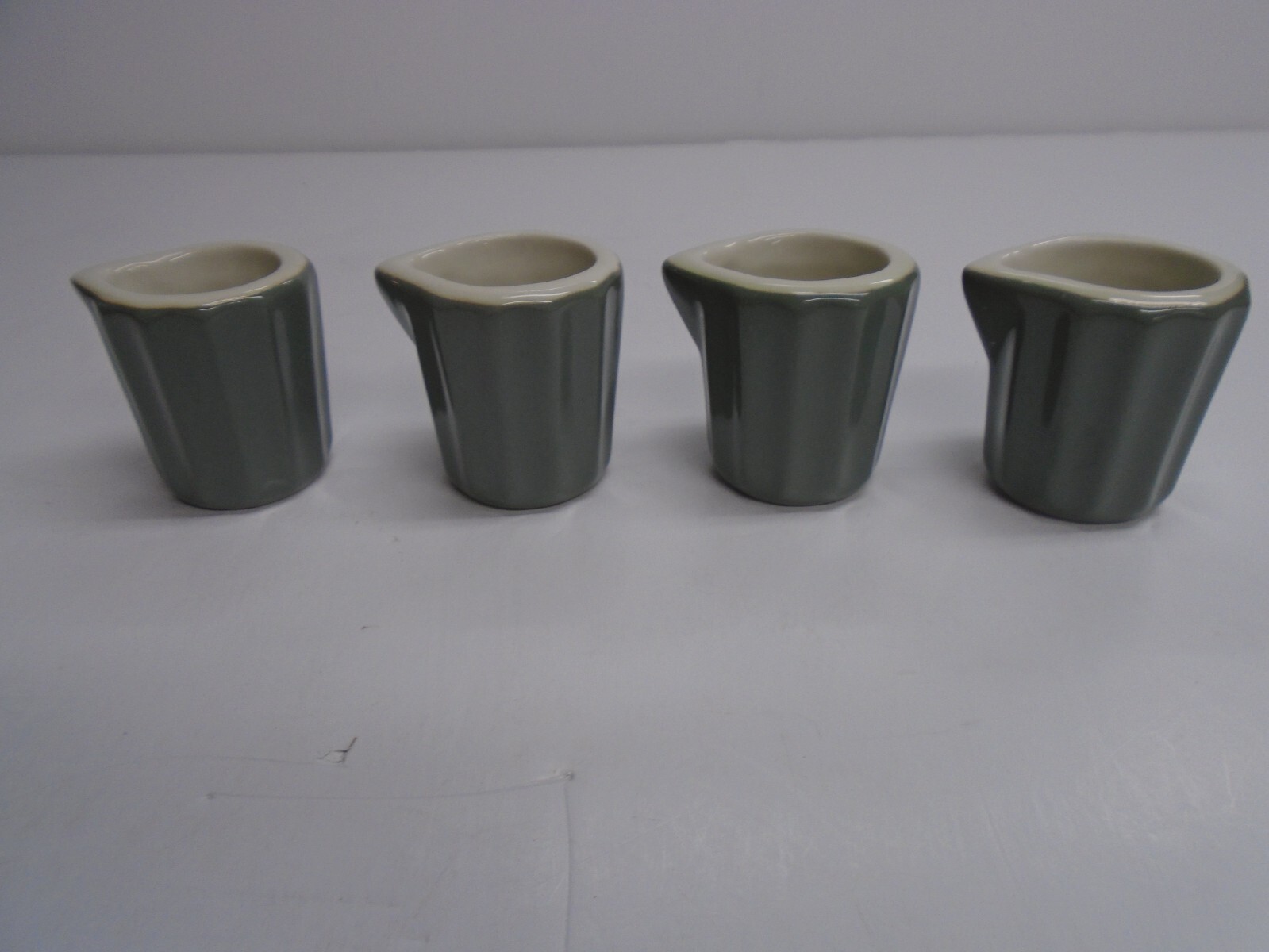 Vintage “HALL” 2″ RESTAURANT CREAMERS , “GRAY FLUTED” – Matched Set of (4), NOS