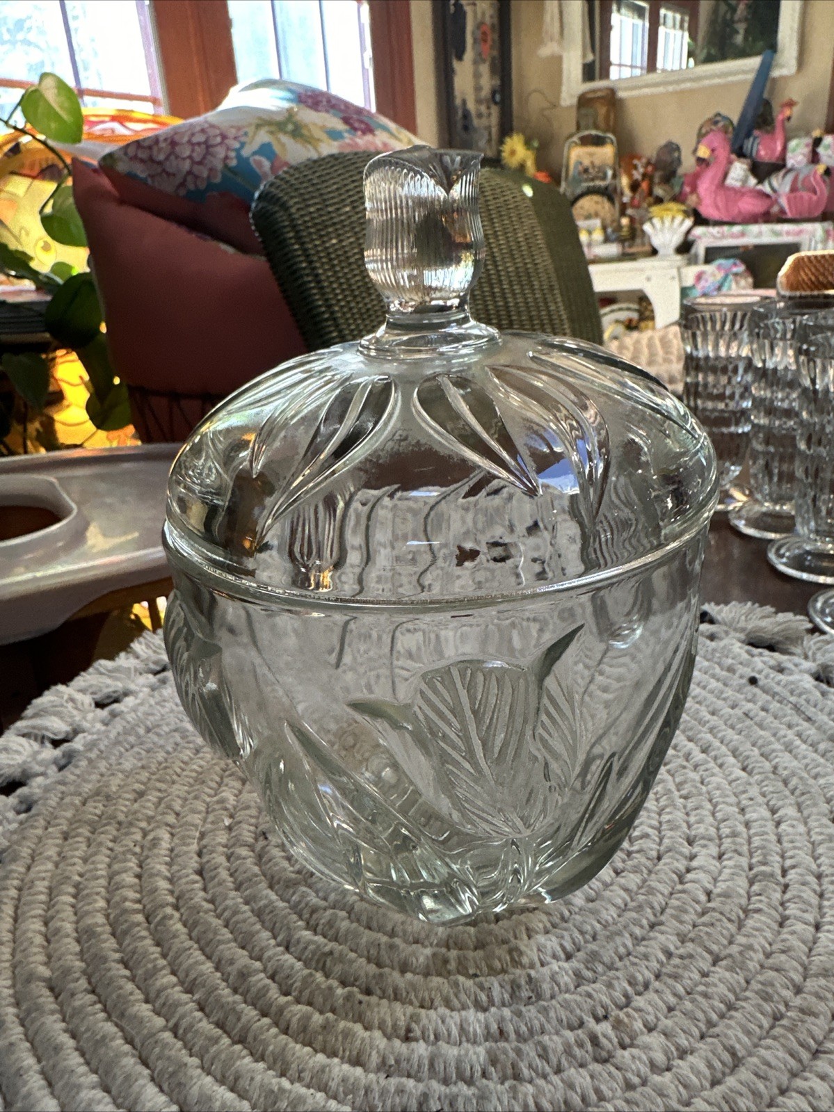 Clear Candy Dish w/ Lid Embossed Tulips & Leaves 2 Pcs