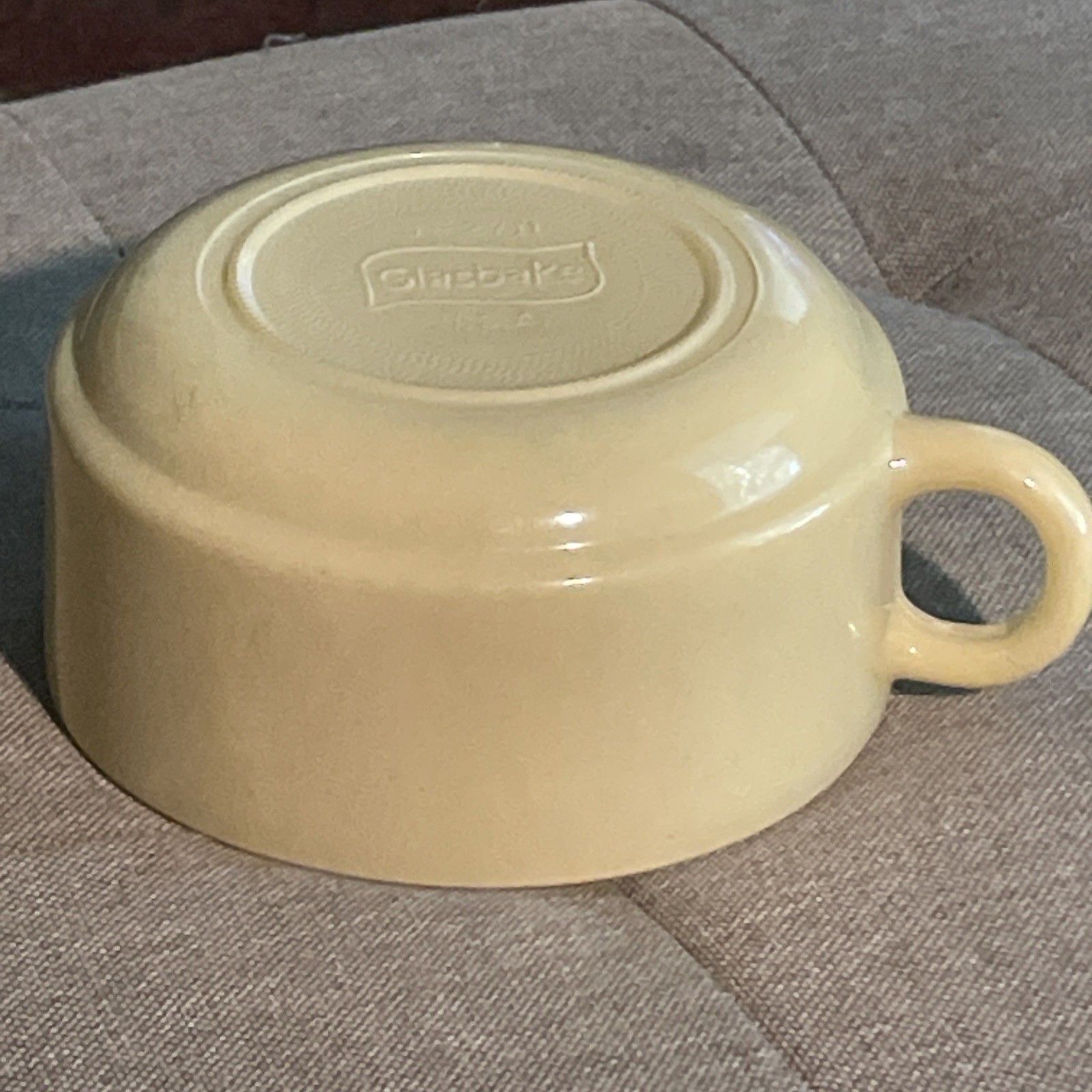 Vintage Glasbake J-2711 Soup Bowl with Handle Beige Floral Stackable