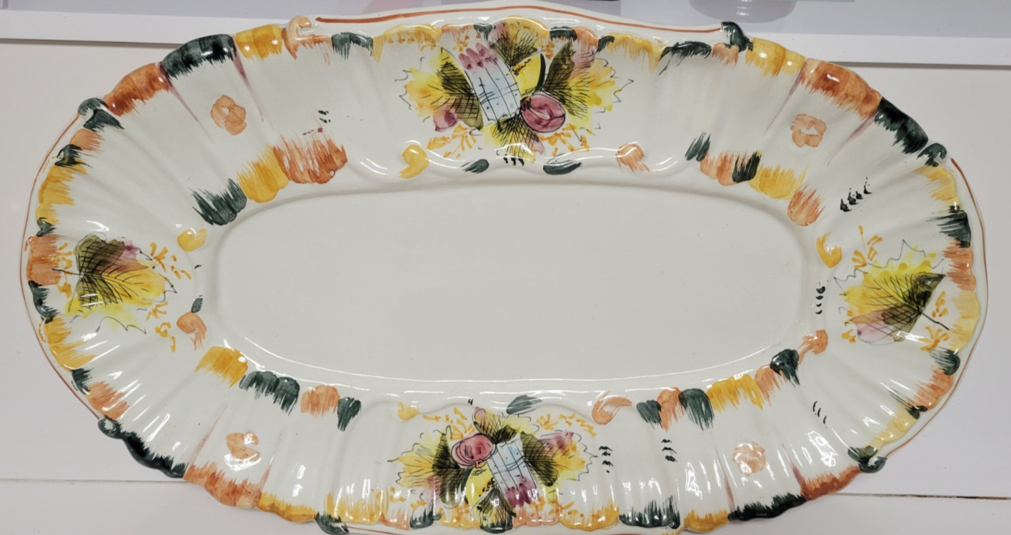 25 INCH BEIGE HANDPAINTED CERAMIC OVERSIZED OVAL SERVING PLATTER 7 POUNDS