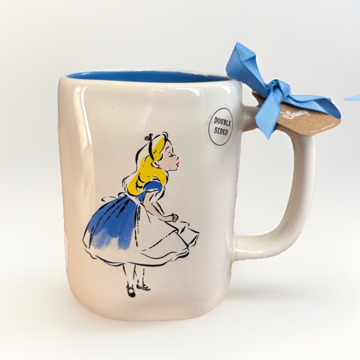 NWT RAE DUNN DISNEY ALICE IN WONDERLAND Double-Sided Ceramic Mug White/Blue Y2K