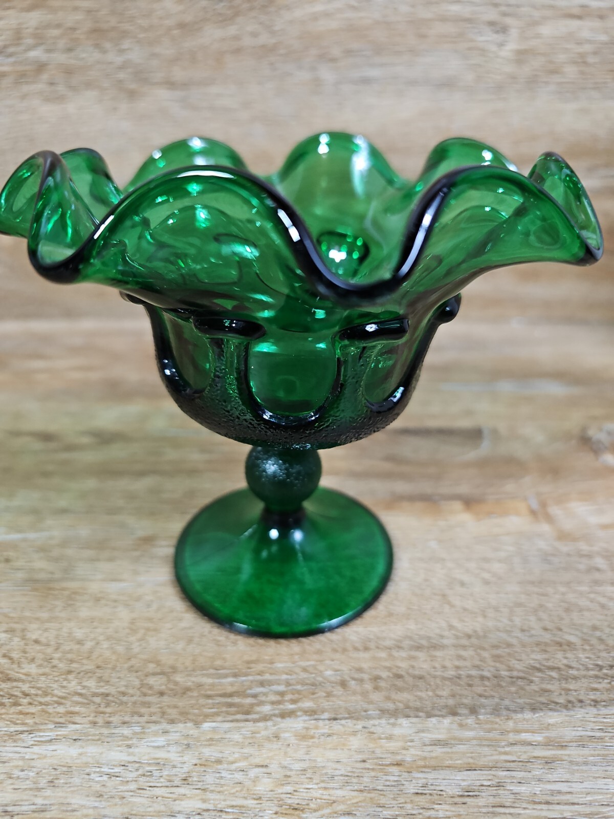 Viking Dark Green Glass Handkerchief Ruffle Top Candy Dish Compote Pedestal VTG