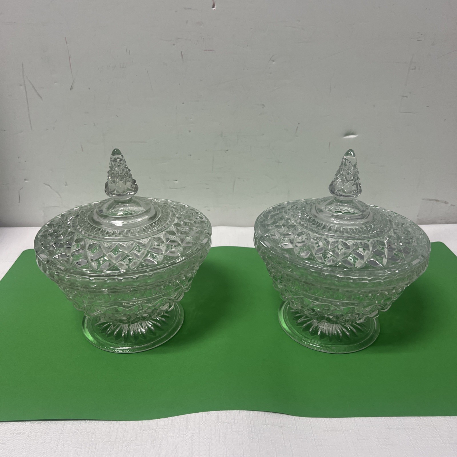 Lot Of 2 Vintage Anchor Hocking Wexford Diamond Pointed Clear Candy Dish W/lid