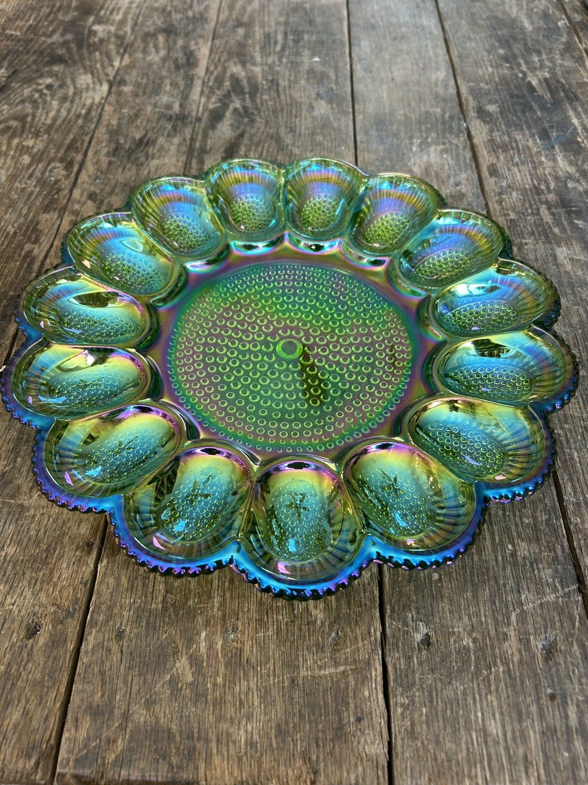 Indiana Glass Iridescent Green Carnival Hobnail Thousand Eye Egg Plate Perfect