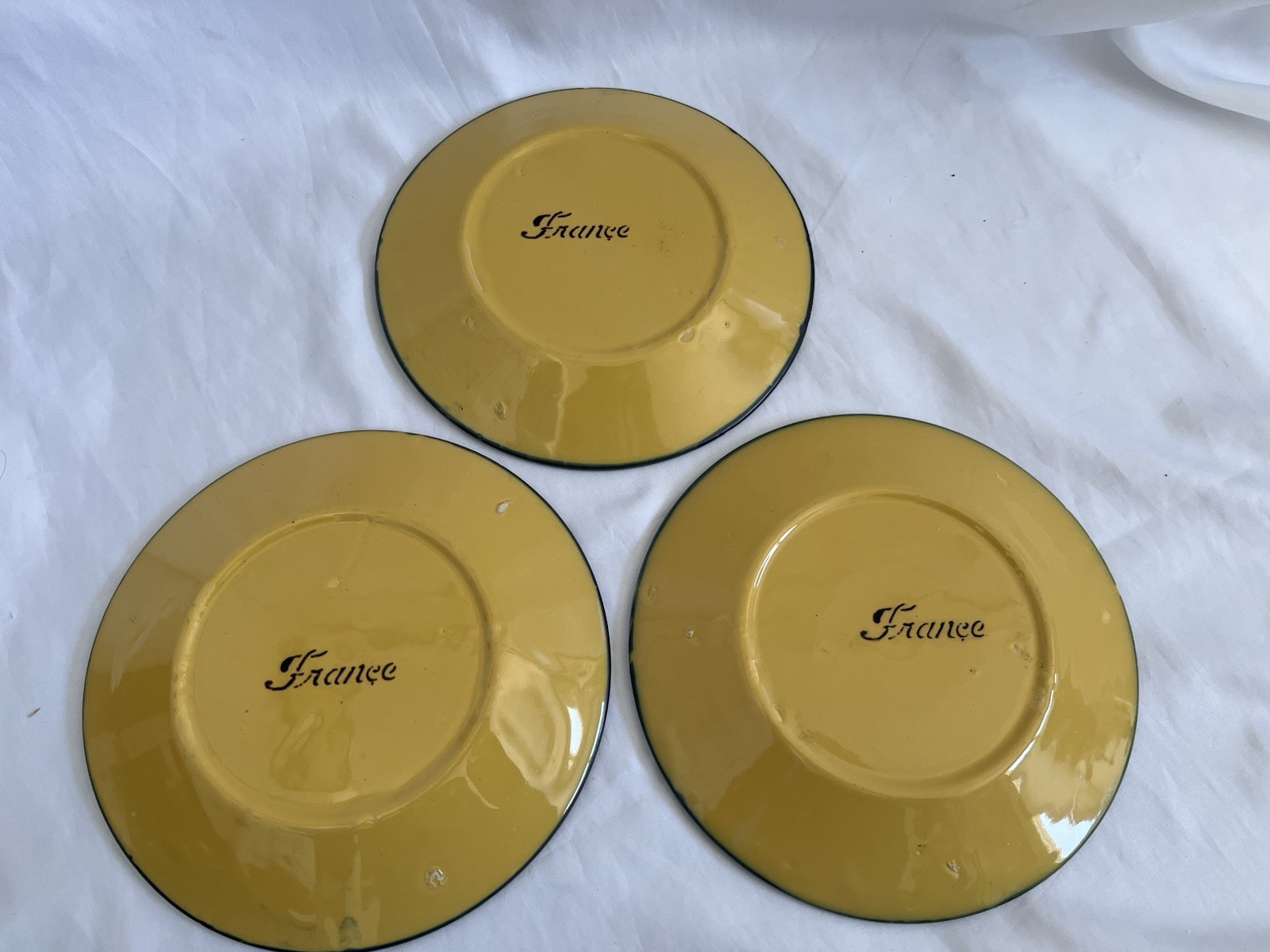 ANTIQUE set of 3 handpaint plates-yellow/mustard w/ orange & green floral.