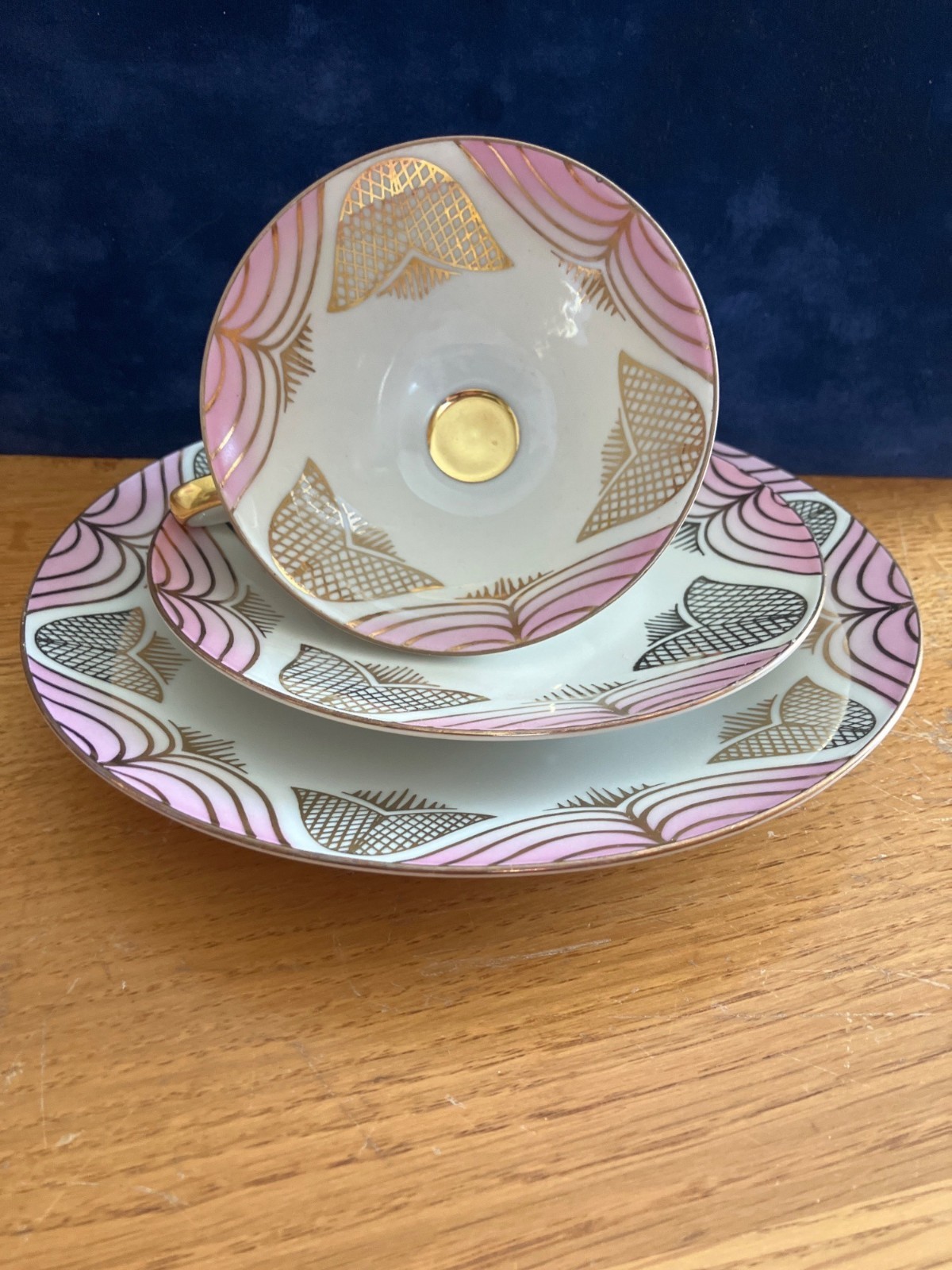Mitterteich Bavaria Porcelain Tea Set With Pink Gold Geometric Design – Cup Sauc